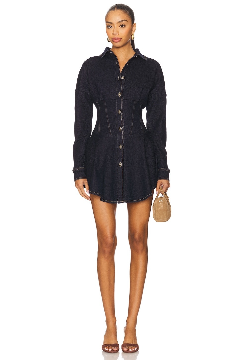 Ow Collection Ella Dark Wash Denim Shirt Dress Snap Front Nwt Size M